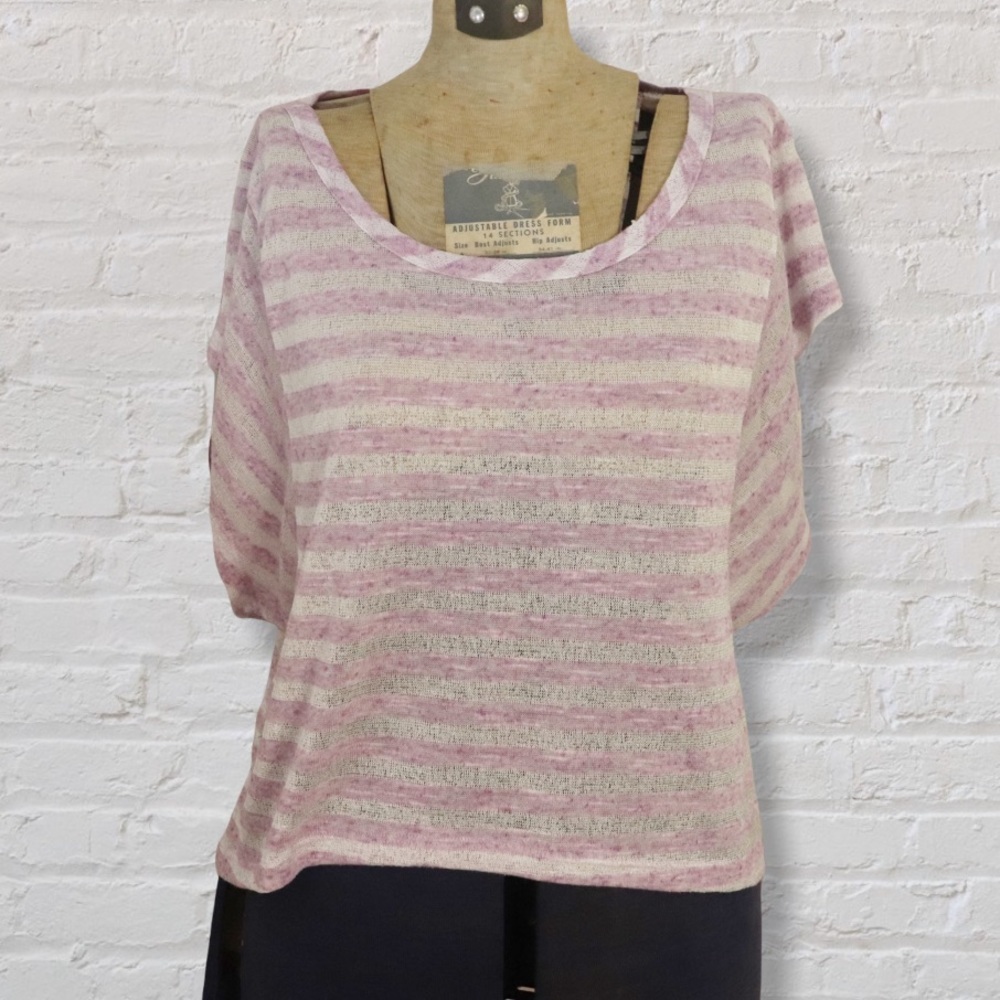 THX Purple Ivory Striped Linen Blend Short Sleeve Top Relaxed Fit